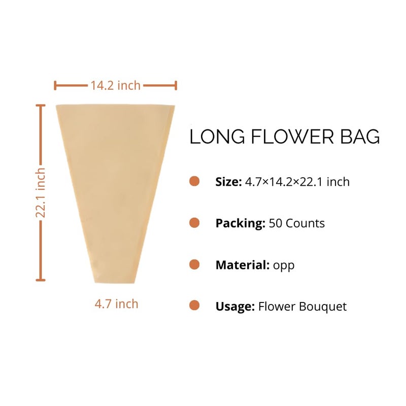 BBJ WRAPS Long Flower Bags for Bouquets, Large Flower Sleeves for Bouquets Supplies, Brown Bouquet Bags Flower Bar Supplies-50 Counts (4.7"x14"x22"L) - Image 2